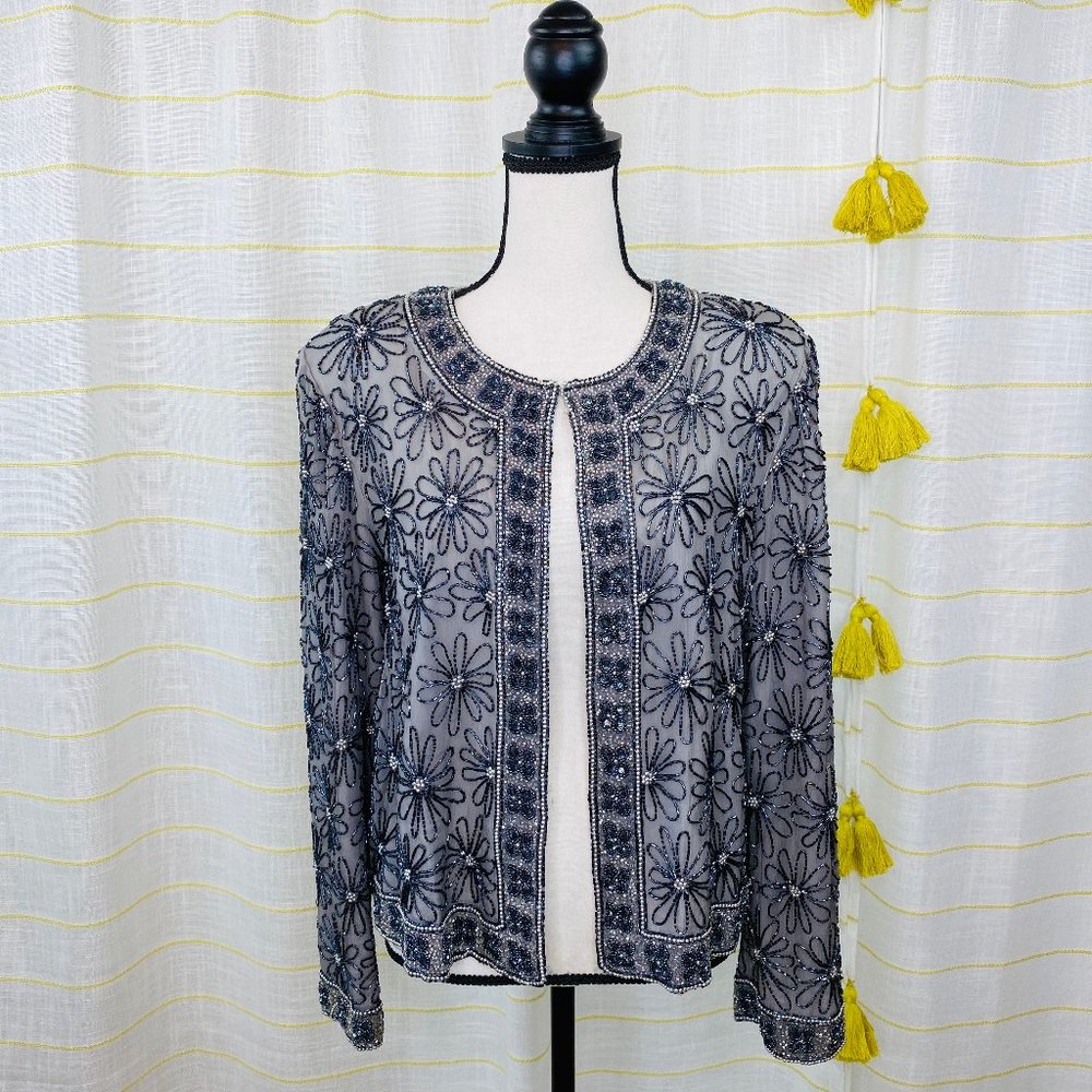 Papell Boutique Floral Beaded Silk Jacket Women L